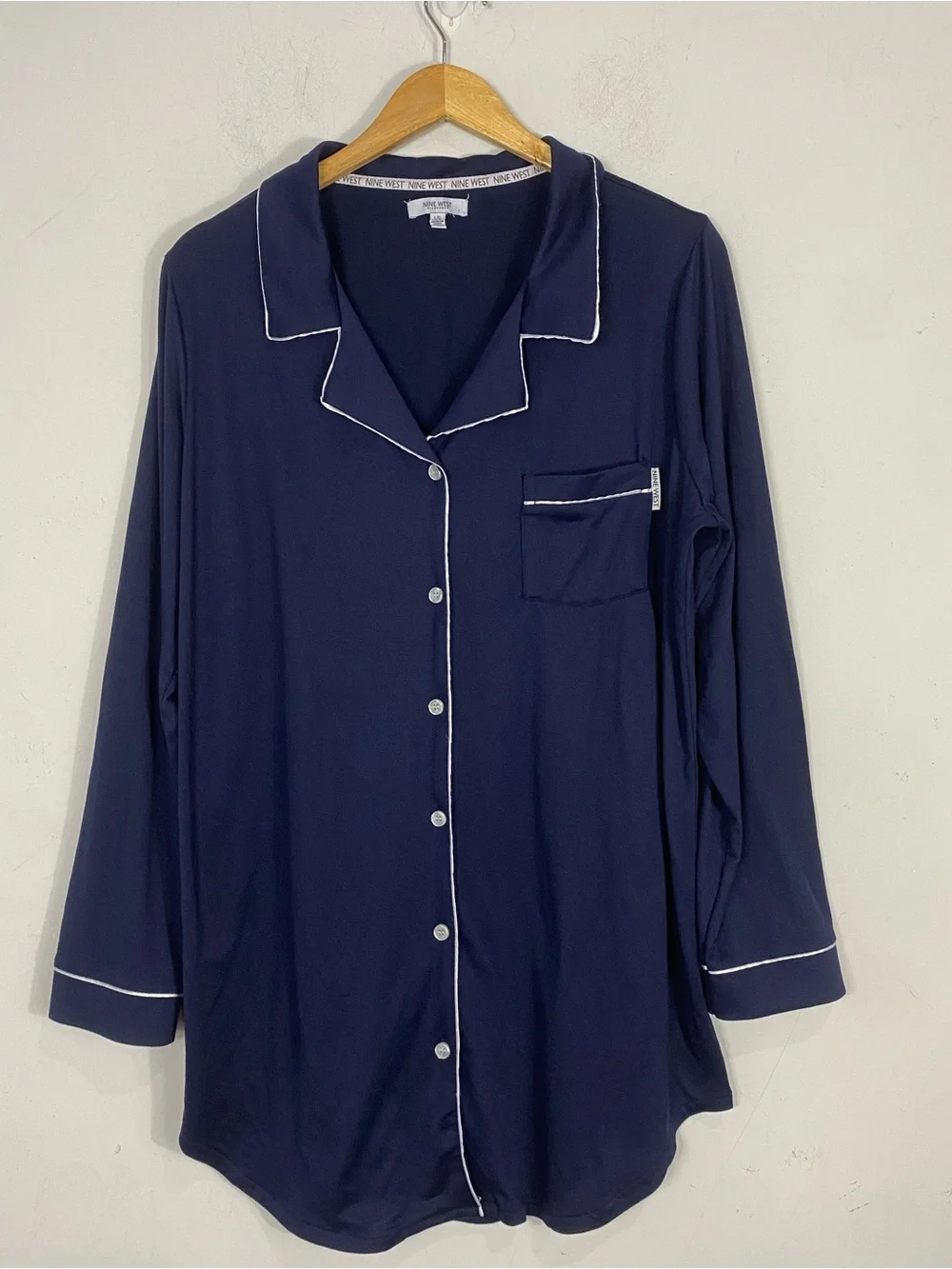 NINE WEST long-sleeve button-down XL pajama gown top navy blue